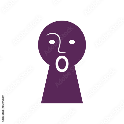 Abstract Purple Keyhole Face Icon. This minimalist graphic presents a person's silhouette within an entry slot, evoking discovery, privacy, identity, and inner thoughts. Rich violet shade.