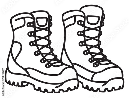 Black and white illustration of hiking boots with laces and tread detail - stock vector