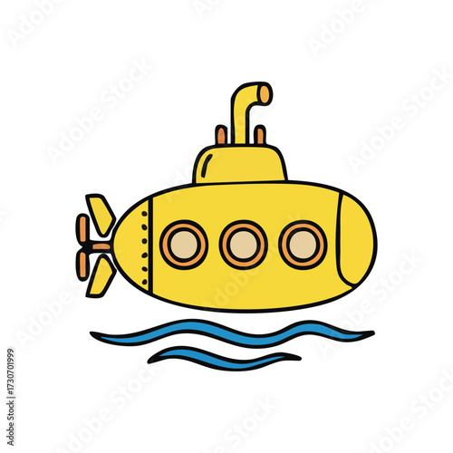 Yellow Submarine Cartoon Illustration. A cheerful golden submersible artwork. This animated graphic evokes a sense of whimsical adventure, ocean exploration, and childhood fantasy.
