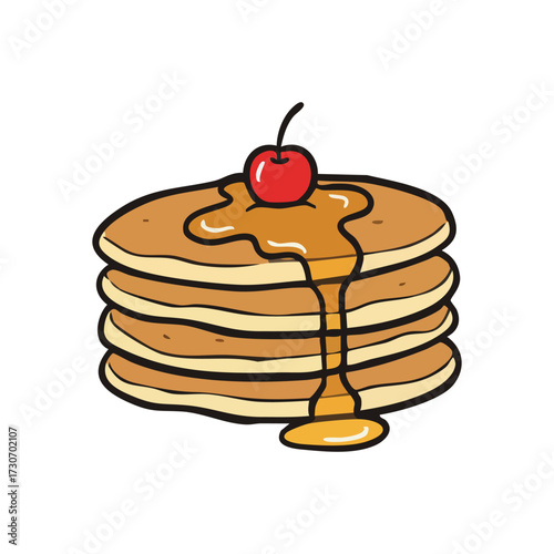Sweet Breakfast Pancake Stack. A delightful pile of griddlecakes, generously drizzled with golden syrup and crowned with a bright red cherry, symbolizes cozy daily comfort.