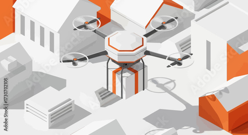 Modern drone delivering package over city, showcasing logistics and delivery services, perfect for technology or transportation industries, bright and clean style
