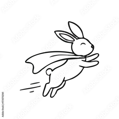 Flying Superhero Rabbit Cartoon. A whimsical drawing of a heroic hare soaring through the air, embodying swiftness and delight. This charming creature signifies freedom and playful adventure.