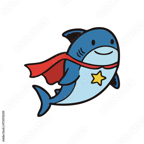 Brave Little Shark Cartoon Hero. A charming aquatic animal dons a valiant red mantle, embodying courage and vigor with a joyful disposition and stellar emblem.