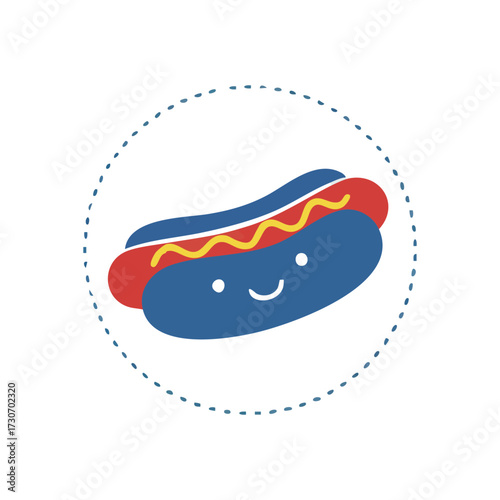 Happy Hot Dog Character Icon. An adorable cartoon frankfurter design in a bun, topped with condiment, symbolizes simple pleasures and tasty American fast-food culture.