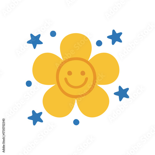Cheerful Bloom Graphic. Vibrant flower artwork featuring a beaming countenance, accompanied by stellar and dotted accents. It represents bliss and youthful delight.