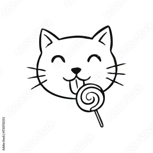 Smiling Feline Enjoying Sweet Swirl. This delightful cartoon kitty with its tongue out savors a delicious candy. It represents pure joy and a moment of sugary bliss.