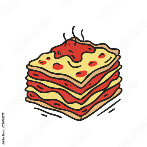 Delicious Layered Lasagna Cartoon. A colorful hand-drawn depiction of a scrumptious baked pasta dish, showcasing its many strata of sheets, savory sauce, and gooey topping. Conveys warmth and.