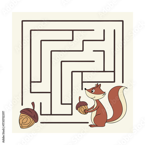 Playful squirrel navigates a challenging maze to reach acorn fun activity for kids isolated on transparent background