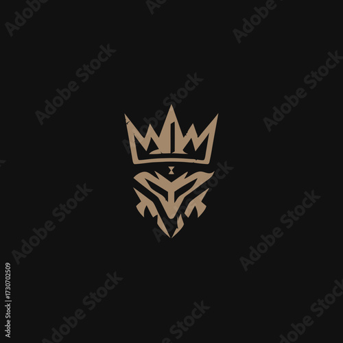 Stylized royal crown emblem with abstract fierce animal head logo design on dark background, majestic leadership icon vector graphic