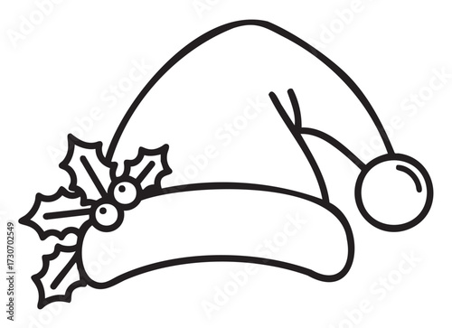 Festive santa hat with holly ornament line art for holiday coloring - stock vector
