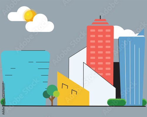 A modern flat design vector illustration of a colorful urban cityscape. This minimalist graphic featuring abstract buildings is perfect for website backgrounds, banners, and real estate concepts.