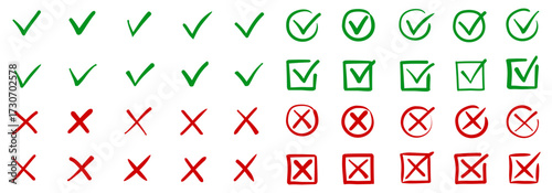 Check tick mark icon set, hand drawn doodle red cross box x check mark green checkbox v, sketch marker checklist symbol right and wrong set - for stock