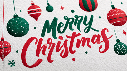 Christmas greeting card with colorful ornaments and festive typography  