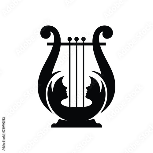 Harmonious Lyre with Dual Faces. Elegant design featuring a classic stringed instrument intertwined with two graceful female visages. This artistic emblem conveys a sense of musical inspiration and.