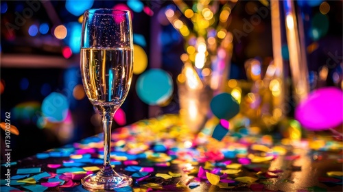 An elegant champagne glass filled with sparkling wine sits on a celebratory table adorned with colorful confetti,