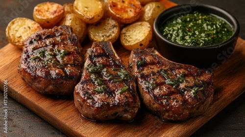 Grilled lamb chops with a rosemary and garlic marinade, served with mint sauce and roasted potatoes