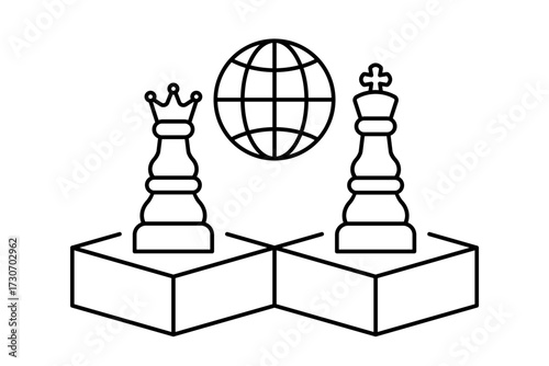 King and queen chess pieces with globe line icon. International chess day. Global strategy and leadership. Diplomacy, business planning and corporate power. Decision making in politics or management.