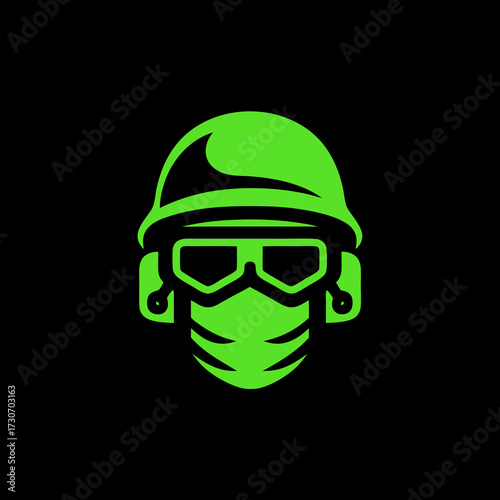 Vibrant green tactical head avatar with helmet, goggles, and face mask. Modern vector graphic for gaming, esports, or security.