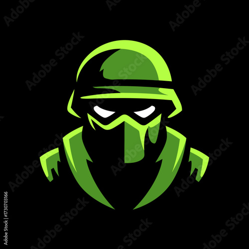 Green tactical soldier avatar with helmet and mask, glowing eyes on black background. Esport gaming logo icon, stealth commando concept.