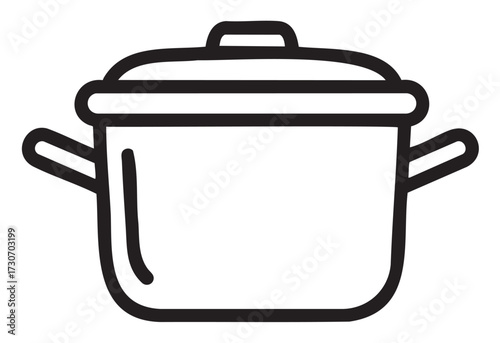 Simple black and white line art of cooking pot with handles and lid - stock vector