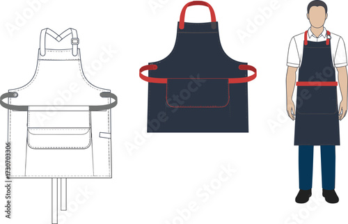 Apron vector illustration, technical sketch, front pocket design, red straps, dark blue fabric, wearable view, garment construction, kitchen wear, fashion flat template