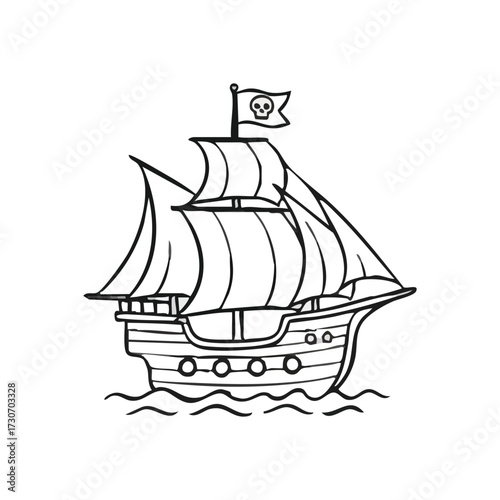 Cartoon Pirate Ship Line Art. This simple sketch depicts a historic sailing craft flying a skull flag. It symbolizes thrilling voyages, freedom, and bold expeditions.