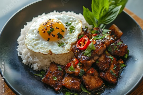 Premium Thai Pad Krapao Crispy Pork with fried egg and dark sauce