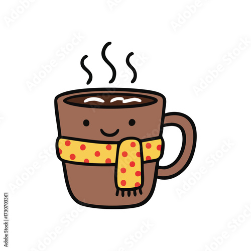 Cute Warm Beverage Mug Icon. Charming illustration of a hot chocolate vessel with a cheerful scarf. This graphic conveys comforting warmth, perfect for chilly weather.