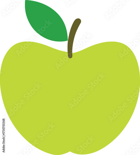 A single, vibrant green apple with a stem and a leaf, isolated on white background