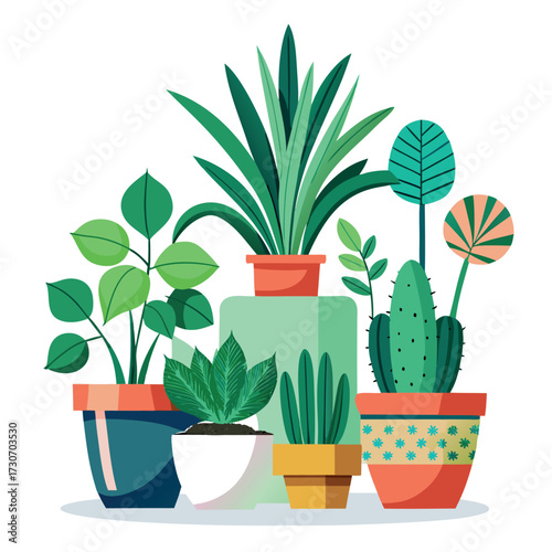 Create a colorful illustration of different potted indoor plants with various shapes, sizes, and leaves