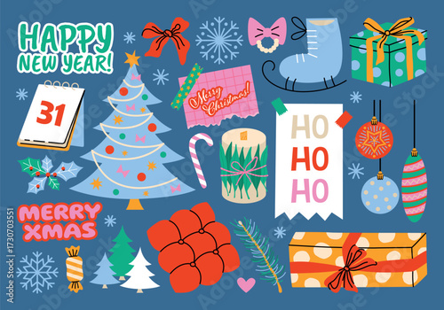 Christmas and New Year illustrations in cartoon style. Holiday gifts and decor, winter, snowflakes, Santa, Christmas tree, toys and cozy atmosphere. Festive seasonal vector objects in a retro style.