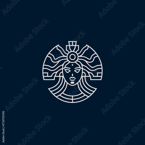 Ancient mythological female face line art illustration, stylized goddess avatar with spiritual, symbolic, minimalist geometric design