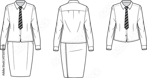 Business outfit sketch vector, collared shirt with tie, pencil skirt design, front back side view, fashion illustration, technical drawing, garment construction layout
