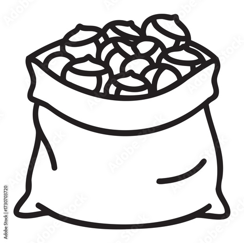 Sack filled with chestnuts line art illustration for harvest and autumn themes - stock vector