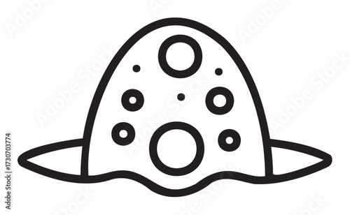 Black and white ufo line drawing with circular windows and outer ring - stock vector