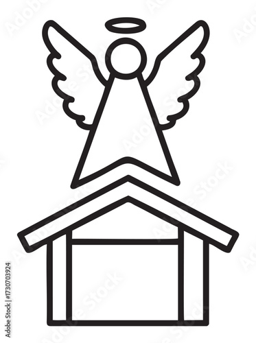 Outline angel on nativity stable with wings halo religious symbol illustration - stock vector