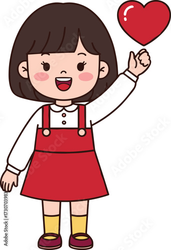 Cartoon child vector, red dress with suspenders, holding heart shape, smiling pose, emotional character design, children’s illustration, love and kindness theme