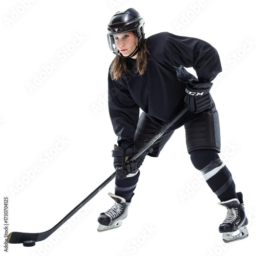 Professional female ice hockey player in full body pose png hockey woman png ice hockey athlete png sportswoman png hockey player png transparent background image