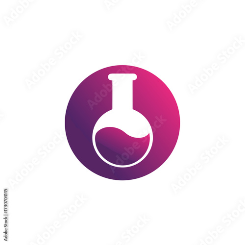 Chemistry laboratory flask icon with purple liquid in a gradient circle, symbolizing science, research, and experiments. Vector graphic.