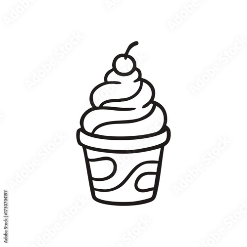 Whimsical Ice Cream Treat Drawing. This delightful hand-drawn sketch features a frosty dessert in a cup, adorned with a berry. Symbolizes happiness, indulgence, and fun.