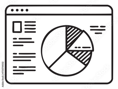 Monochrome pie chart with text elements in web browser interface outline - stock vector