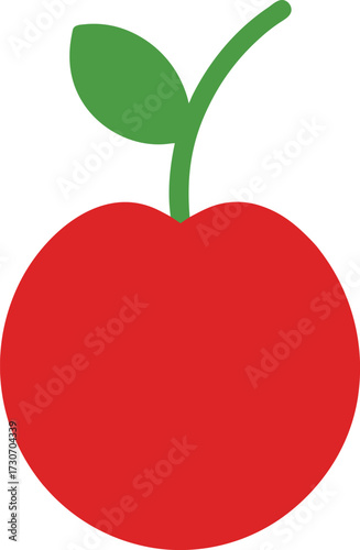 A single red cherry with a green stem and leaf, isolated on white background
