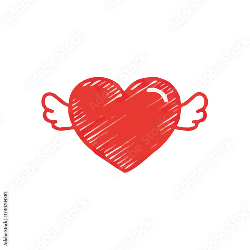 Flying Red Heart Illustration. This spirited sketch depicts a ruby love symbol with delicate pinions, conveying freedom, adoration, and lightheartedness. Ideal for expressing affection.