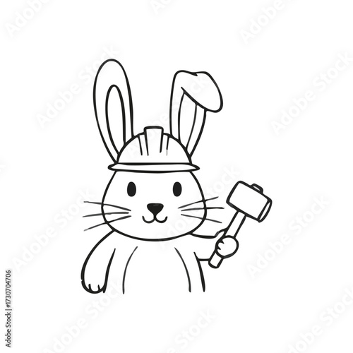 Cute Bunny wearing Construction Helmet. This delightful doodle portrays an adorable hare in protective headwear, holding a small hammer. It symbolizes hard work, DIY projects, and creative.