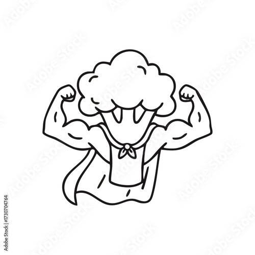 Powerful Broccoli Champion. This bold drawing portrays a robust vegetable exhibiting muscular arms and a cape, symbolizing vitality and the benefits of nutritious plant-based consumption.