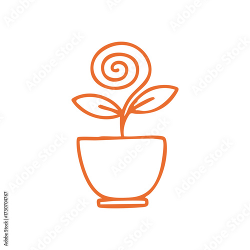 Minimalist Floral Bud in Pot. Clean, bright orange line art presents a blossoming botanical, depicting vitality in an elegant holder. Signifies fresh starts, renewal, and growth.