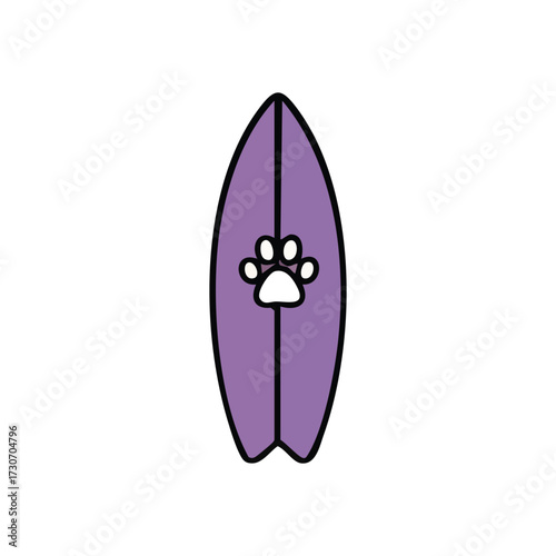 Purple Surfboard Paw Print Design. Vibrant lavender board featuring an adorable animal paw. This playful illustration evokes joyful summer days and pet friendly beach adventures.
