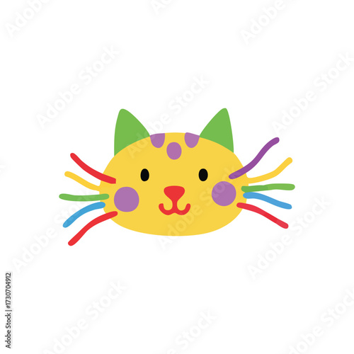 Cute Colorful Cartoon Cat Face. This playful kitty character features a joyful expression and bright, varied hues. Its whimsical design evokes a sense of childhood fun and happiness.
