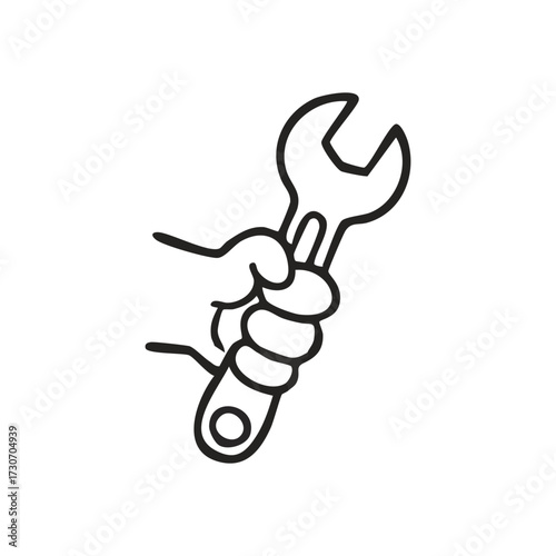 Hand Gripping Wrench Tool Symbol. Cartoon human arm grasps a mechanic's spanner. Represents fixing, maintenance, or finding resolutions to issues.