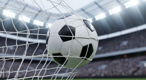 Soccer ball in the net after scoring goal
